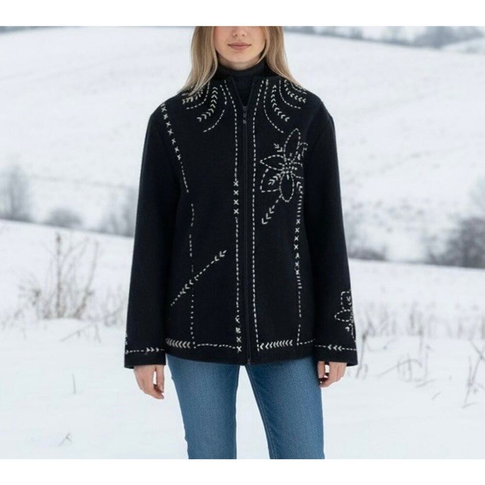 Icelandic Design Embroidered Black Boiled Wool Hygge Zip Cardigan Size Medium